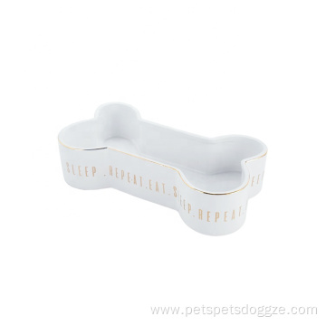 Bone Shaped Pet Feeding Bowl White Ceramic